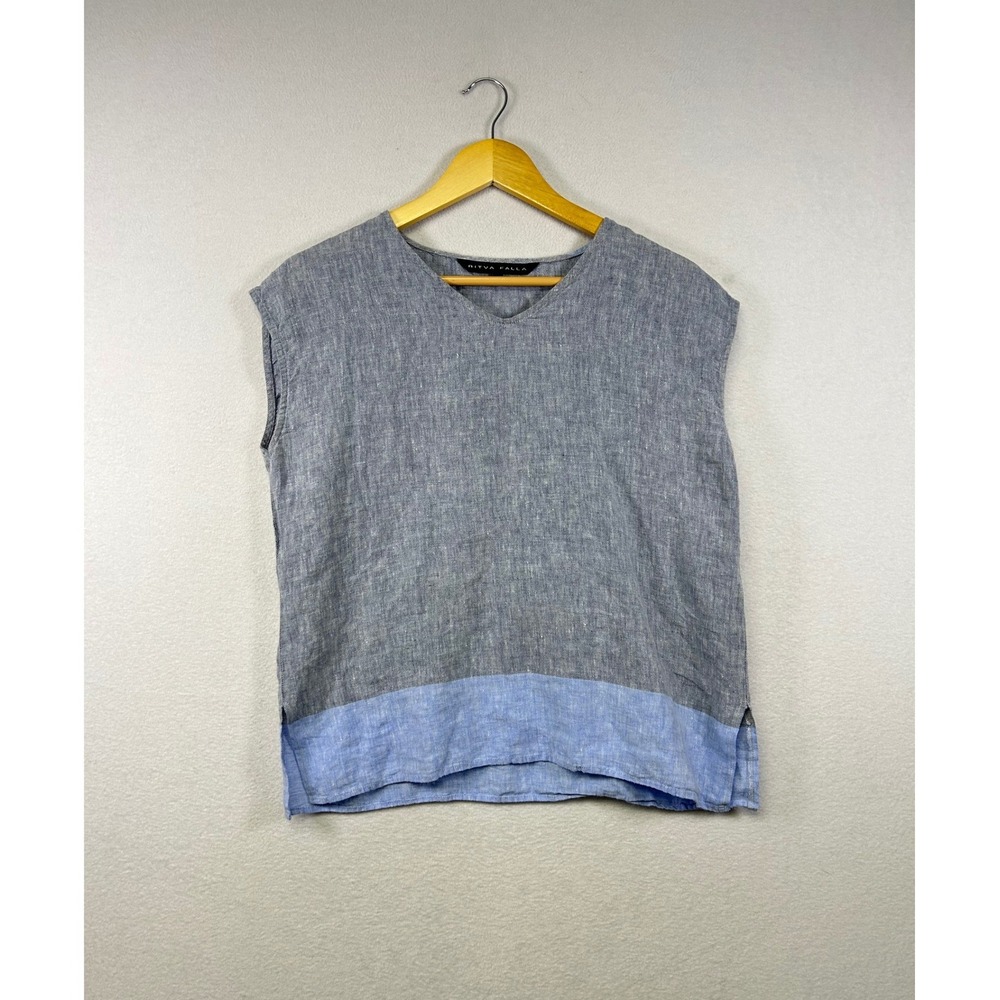 RITVA FALLA Linen‎ Blend Colorblock V Neck Sleeveless Top Women Size S